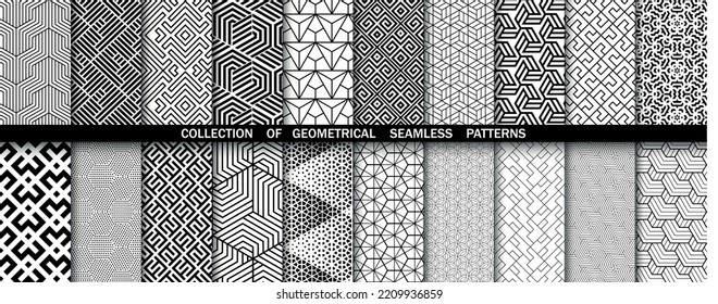 Geometrischer Satz nahtloser schwarz-weißer Muster. Einfache Vektorgrafik