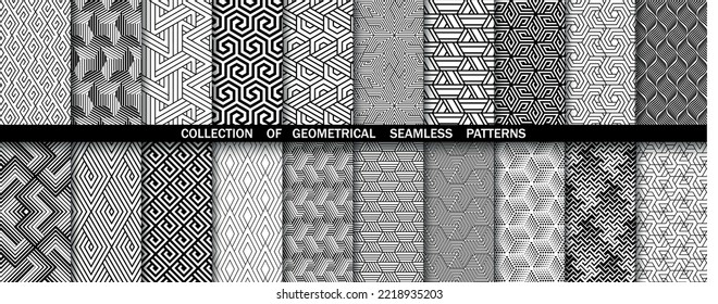 Geometrischer Satz nahtloser schwarz-weißer Muster. Einfache Vektorgrafik