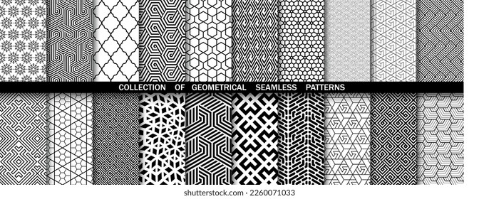 Geometrischer Satz nahtloser schwarz-weißer Muster. Einfache Vektorgrafik