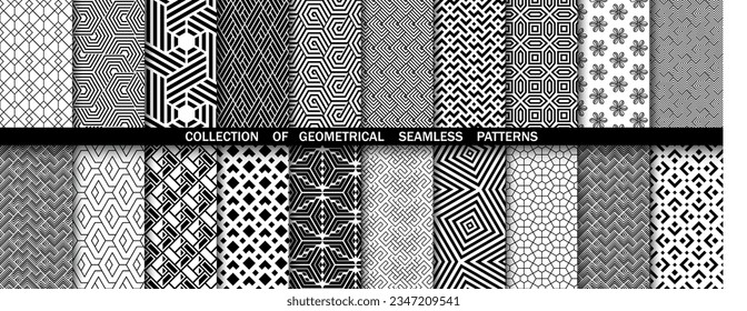 Geometrischer Satz nahtloser schwarz-weißer Muster. Einfache Vektorgrafik