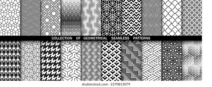 Geometric set of seamless black and white patterns. Simple vector graphics