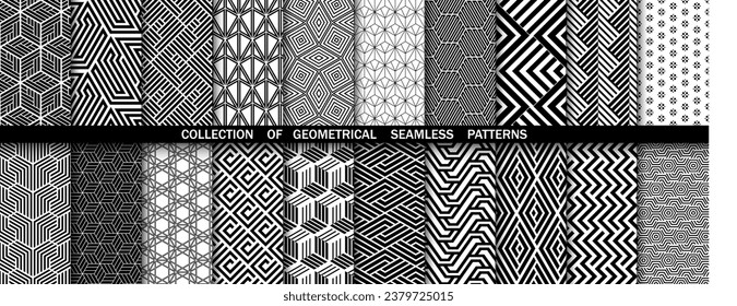 Geometric set of seamless black and white patterns. Simple vector graphics