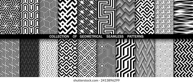 Geometric set of seamless black and white patterns. Simple vector graphics