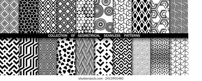 Geometric set of seamless black and white patterns. Simple vector graphics