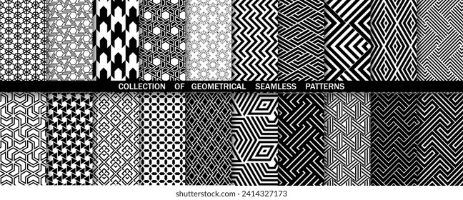 Geometric set of seamless black and white patterns. Simple vector graphics