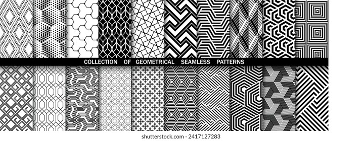 Geometrischer Satz nahtloser schwarz-weißer Muster. Einfache Vektorgrafik