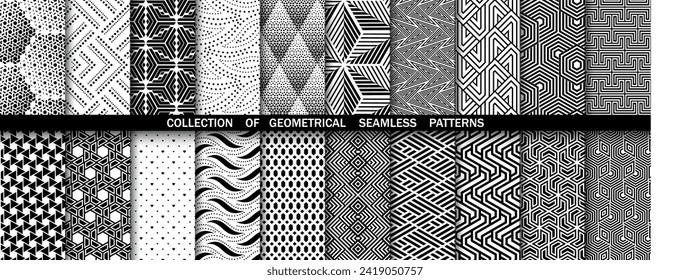 Geometric set of seamless black and white patterns. Simple vector graphics