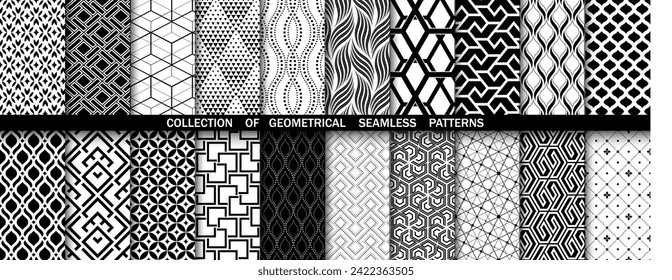 Geometric set of seamless black and white patterns. Simple vector graphics