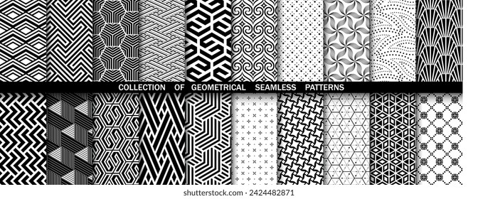 Conjunto geométrico de patrones en blanco y negro sin fisuras. Gráficos vectoriales simples