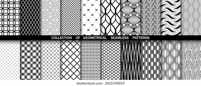 Conjunto geométrico de patrones en blanco y negro sin fisuras. Gráficos vectoriales simples