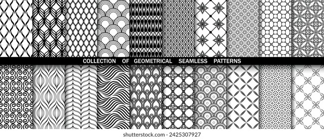 Geometric set of seamless black and white patterns. Simple vector graphics