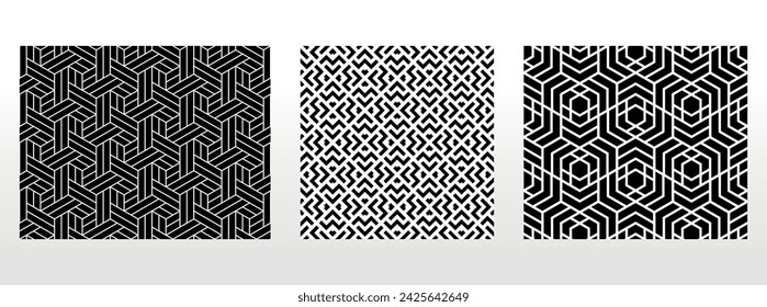 Conjunto geométrico de patrones en blanco y negro sin fisuras. Gráficos vectoriales simples