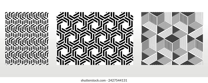Conjunto geométrico de patrones en blanco y negro sin fisuras. Gráficos vectoriales simples