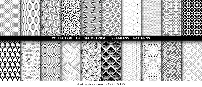 Geometric set of seamless black and white patterns. Simple vector graphics