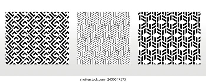 Conjunto geométrico de patrones en blanco y negro sin fisuras. Gráficos vectoriales simples