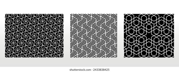 Geometrischer Satz von nahtlosen Schwarzweißmustern. Einfache Vektorgrafiken
