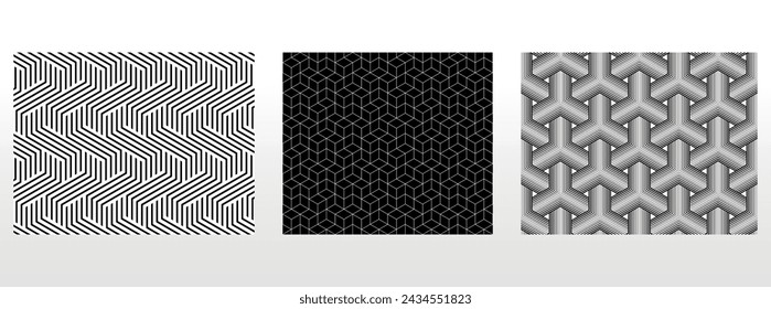 Geometrischer Satz von nahtlosen Schwarzweißmustern. Einfache Vektorgrafiken