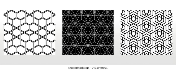 Conjunto geométrico de patrones en blanco y negro sin fisuras. Gráficos vectoriales simples