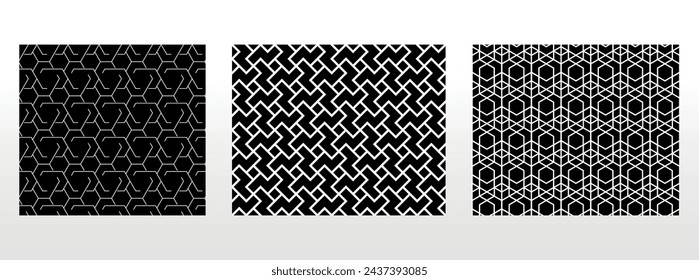 Conjunto geométrico de patrones en blanco y negro sin fisuras. Gráficos vectoriales simples.