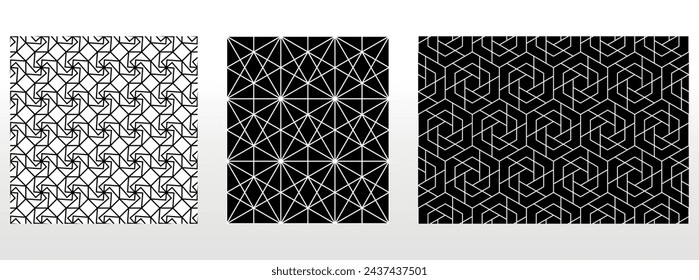 Geometrischer Satz von nahtlosen Schwarzweißmustern. Einfache Vektorgrafiken.
