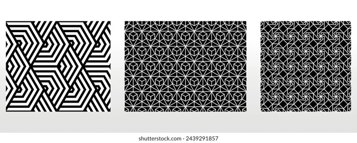 Conjunto geométrico de patrones en blanco y negro sin fisuras. Gráficos vectoriales simples.