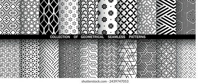 Geometrischer Satz von nahtlosen Schwarzweißmustern. Einfache Vektorgrafiken.