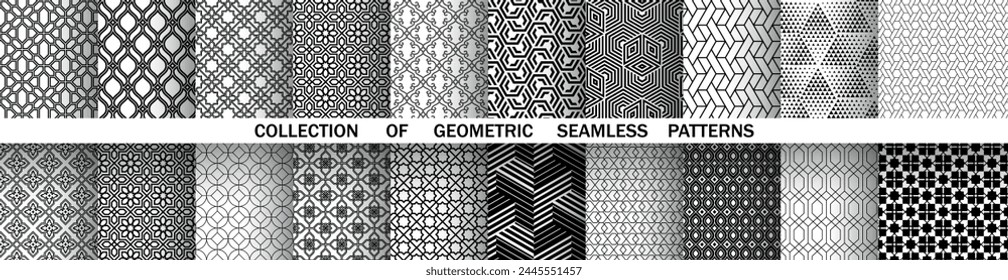 Conjunto geométrico de patrones en blanco y negro sin fisuras. Gráficos de Vector sencillos.