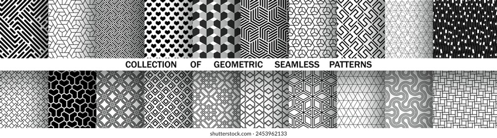 Conjunto geométrico de patrones en blanco y negro sin fisuras. Gráficos de Vector sencillos.