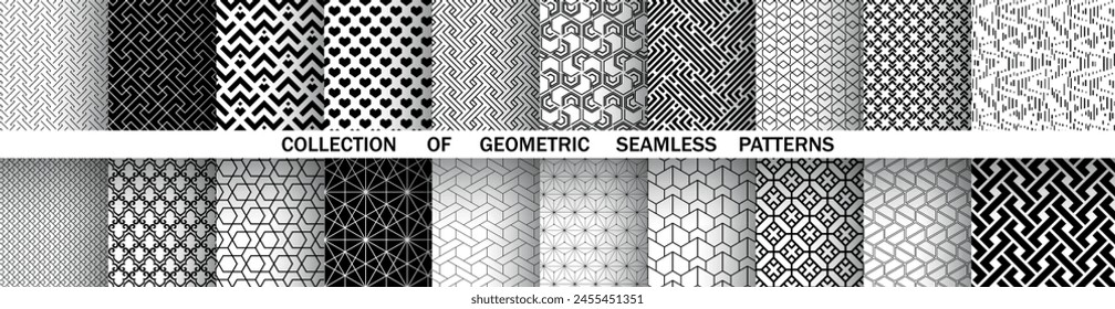 Conjunto geométrico de patrones en blanco y negro sin fisuras. Gráficos de Vector sencillos.