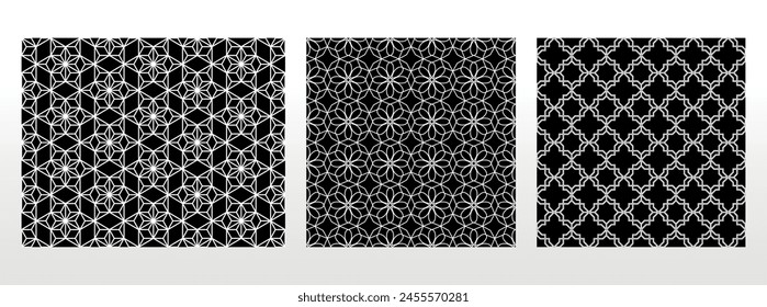 Conjunto geométrico de patrones en blanco y negro sin fisuras. Gráficos de Vector sencillos.