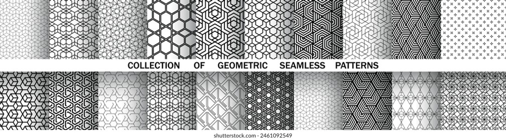 Conjunto geométrico de patrones en blanco y negro sin fisuras. Gráficos de Vector sencillos.