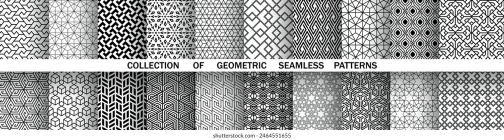 Conjunto geométrico de patrones en blanco y negro sin fisuras. Gráficos de Vector sencillos.