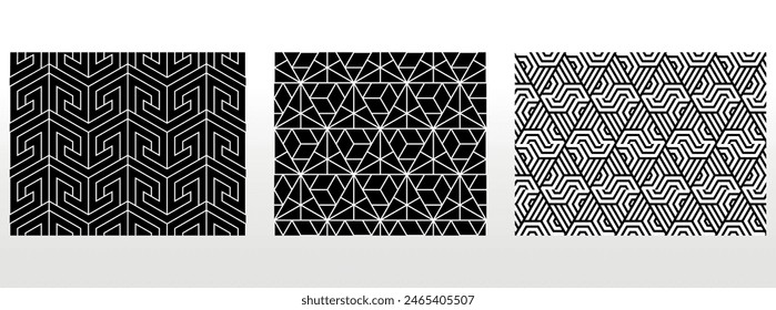 Conjunto geométrico de patrones en blanco y negro sin fisuras. Gráficos de Vector sencillos.