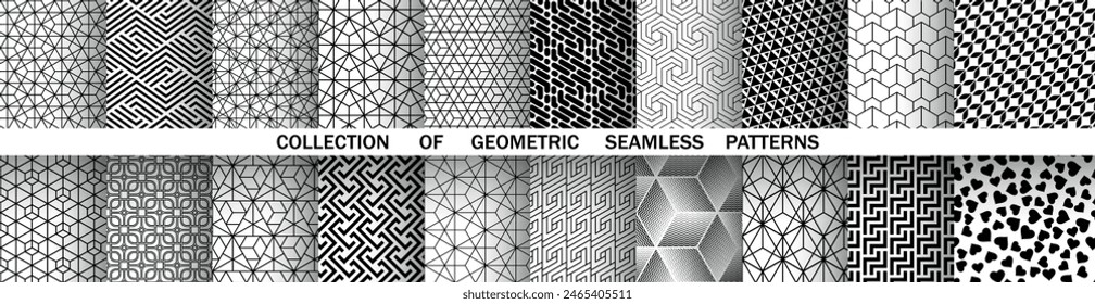 Conjunto geométrico de patrones en blanco y negro sin fisuras. Gráficos de Vector sencillos.