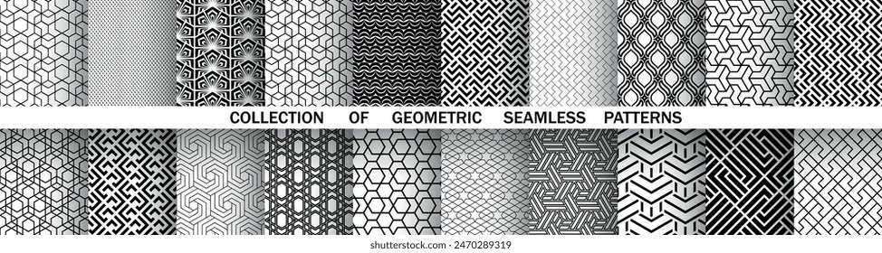 Conjunto geométrico de patrones en blanco y negro sin fisuras. Gráficos de Vector sencillos.