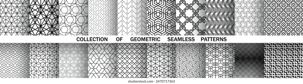 Geometric set of seamless black and white patterns. Simple vector graphics.