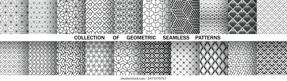 Conjunto geométrico de patrones en blanco y negro sin fisuras. Gráficos de Vector sencillos.