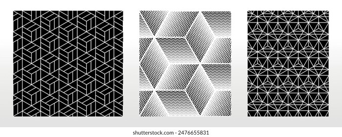 Geometric set of seamless black and white patterns. Simple vector graphics.