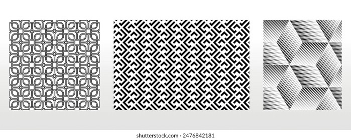 Conjunto geométrico de patrones en blanco y negro sin fisuras. Gráficos de Vector sencillos.