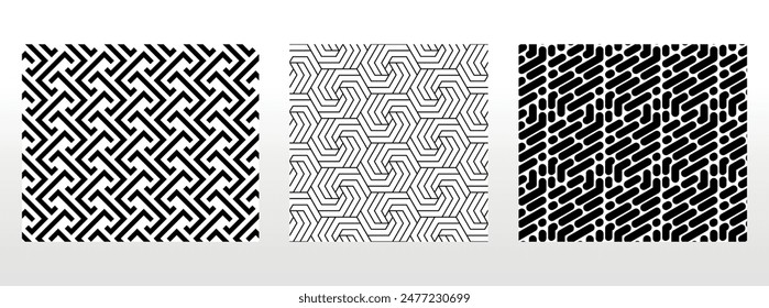 Geometrischer Satz von nahtlosen Schwarzweißmustern. Einfache Vektorgrafik-Grafik.