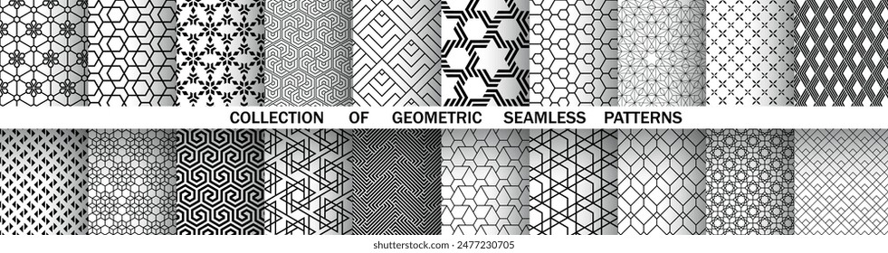 Geometric set of seamless black and white patterns. Simple vector graphics.
