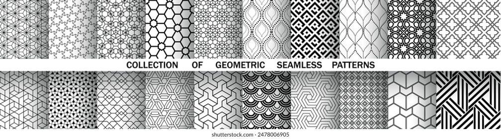 Geometric set of seamless black and white patterns. Simple vector graphics.