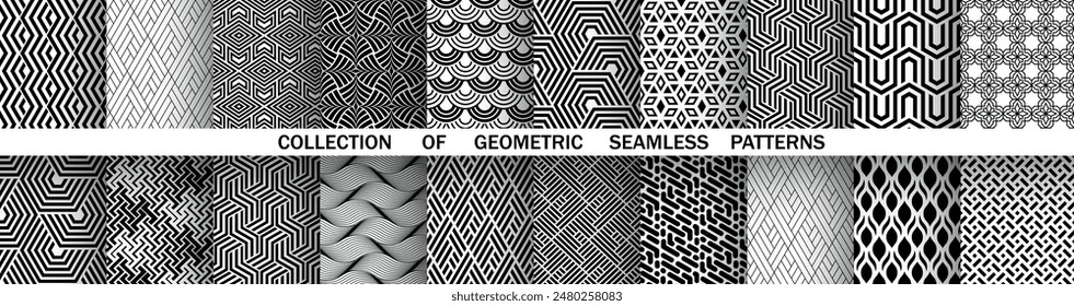 Geometric set of seamless black and white patterns. Simple vector graphics.