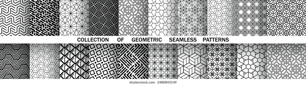 Geometric set of seamless black and white patterns. Simple vector graphics.