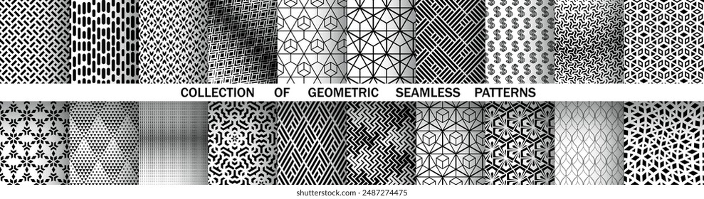 Conjunto geométrico de patrones en blanco y negro sin fisuras. Gráficos de Vector sencillos.