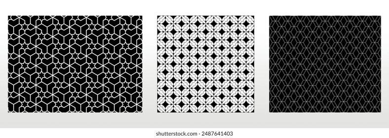 Geometrischer Satz von nahtlosen Schwarzweißmustern. Einfache Vektorgrafik-Grafik.