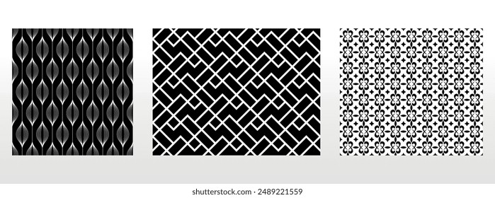 Geometrischer Satz von nahtlosen Schwarzweißmustern. Einfache Vektorgrafik-Grafik.
