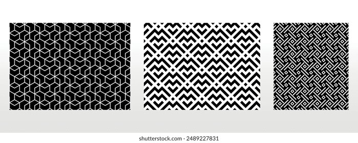 Geometrischer Satz von nahtlosen Schwarzweißmustern. Einfache Vektorgrafik-Grafik.