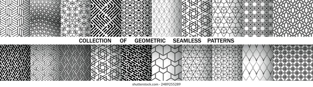 Geometric set of seamless black and white patterns. Simple vector graphics.