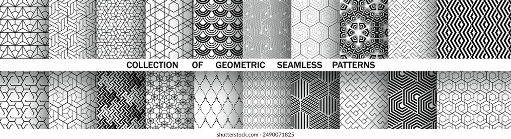Conjunto geométrico de patrones en blanco y negro sin fisuras. Gráficos de Vector sencillos.